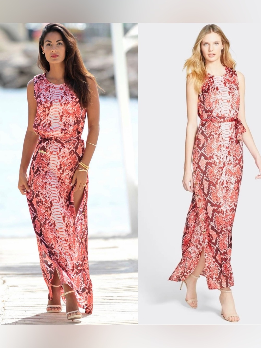 MICHAEL Michael Kors Snakeskin Print Maxi Dress Hot Coral Size M